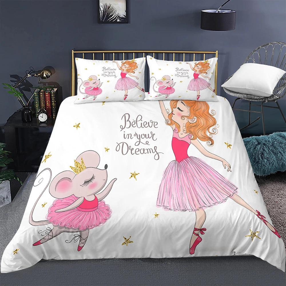 Carino Set Biancheria da Letto Principessa Ballerina Bambine Bambini 3 Pezzi Copripiumino Rosa Regalo di Compleanno per Bambine Decorazione Camera da Letto Misura Queen