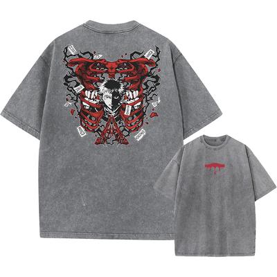 Camiseta Streetwear para Hombre Lavada Ácido Oversize Anime Japonés Retro Desgastada Estampado Gráfico Camiseta Algodón Manga Corta