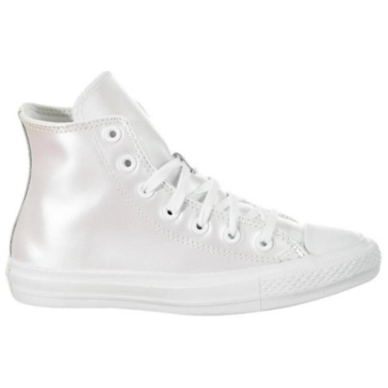Converse Chuck Taylor All Star Iridescent Leather Non-slip and Abrasion Resistant High-Top Board Shoes Women's Silver White