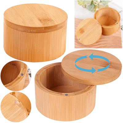 Bamboo Salt Cellar with Magnetic Swivel Lid Kitchen Round Salt Container Salt Box To Store Pepper Spice Bath Salt Sea Salt Herbs