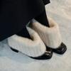Chunky Heel Square Toe Furry Short Boots French Style Fur Lined Winter Warm Shoes Slip on Booties Elegant Botas Mujer Size 35-40