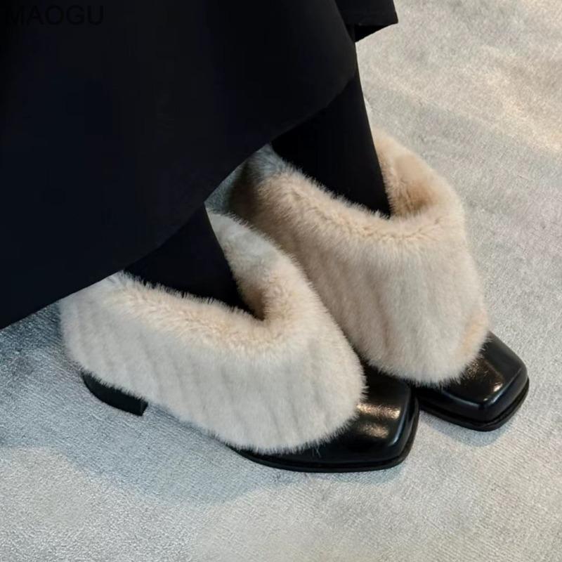 Chunky Heel Square Toe Furry Short Boots French Style Fur Lined Winter Warm Shoes Slip on Booties Elegant Botas Mujer Size 35-40