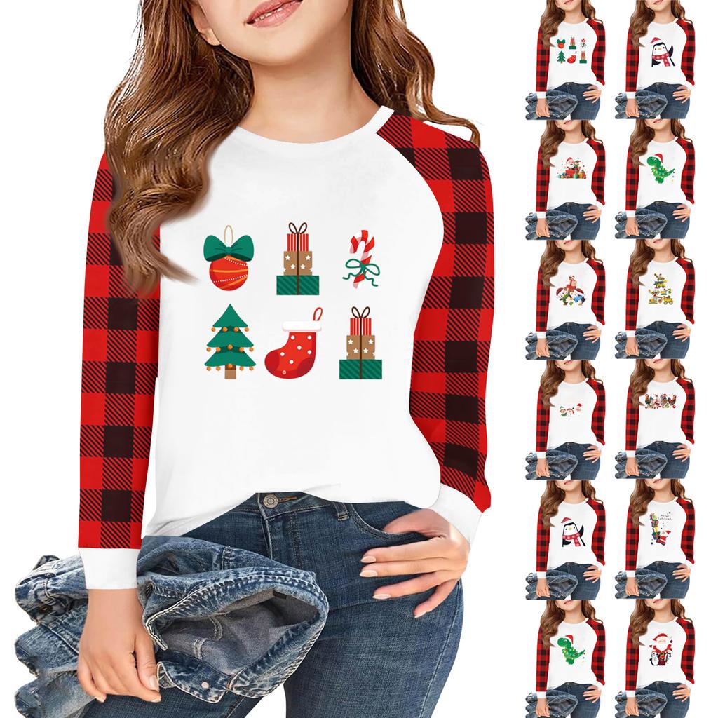 Girls Long Sleeve Christmas Day T Shirts Kids Fall Tops Crewneck Basic Tees 5-14Y