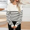 ZANZEA Autumn Women O Neck Long Sleeve Striped Texture Casual Knitted Sweaters Jumpers