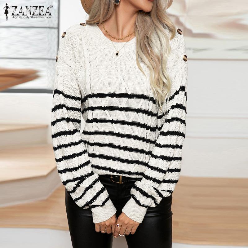 ZANZEA Autumn Women O Neck Long Sleeve Striped Texture Casual Knitted Sweaters Jumpers