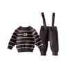 Korean Style Children's Knit Stripe Pullover and Overalls Set for Autumn/Winter