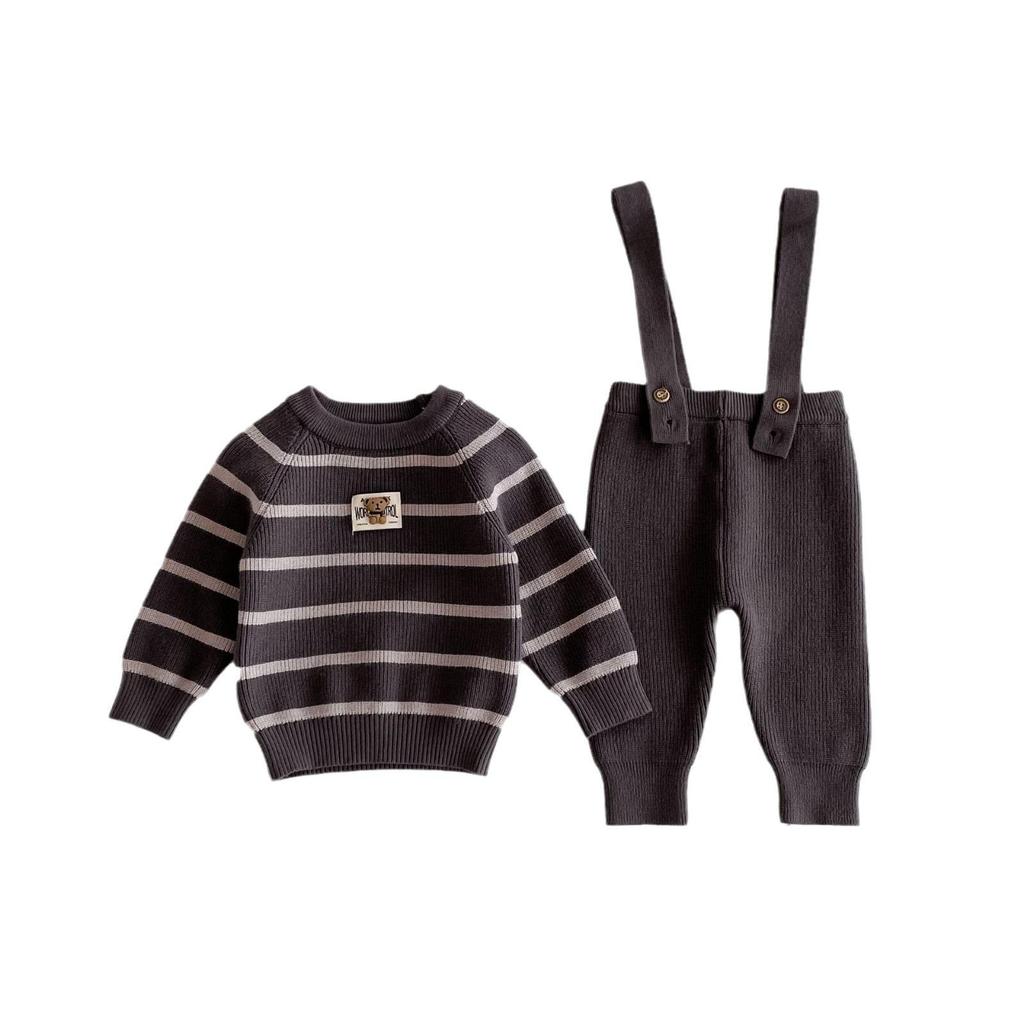 Korean Style Children's Knit Stripe Pullover and Overalls Set for Autumn/Winter