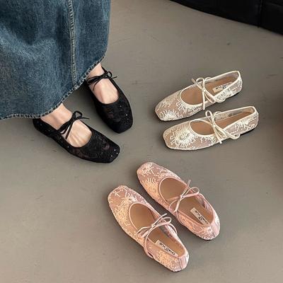 Gentle Fairy Wind Mary Jane Shoes Spring and Summer French Elegant Hollow Lace Single Shoes Shallow Mouth Inner Height Increase Evening Shoes