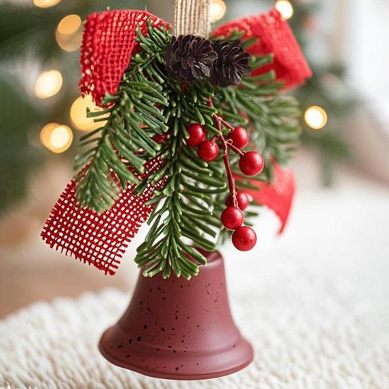 Christmas Bell Decoration Bowknot Decor Hanging Decorative Bell with Pine Branches Red Fruits Indoor Outdoor Ornament