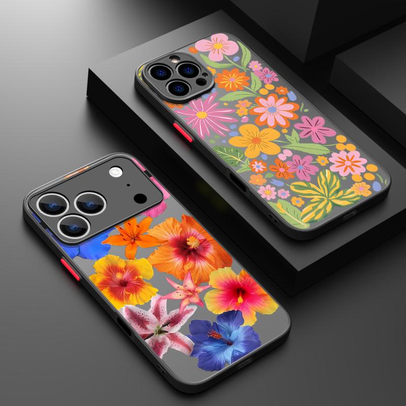 Cartoon Flowers Print Case For iPhone 17 Air 16e 16 15 14 Pro Max 13 15 Pro 17 Pro 17 Shockproof Soft Edge Hard PC Matte Phone Cover