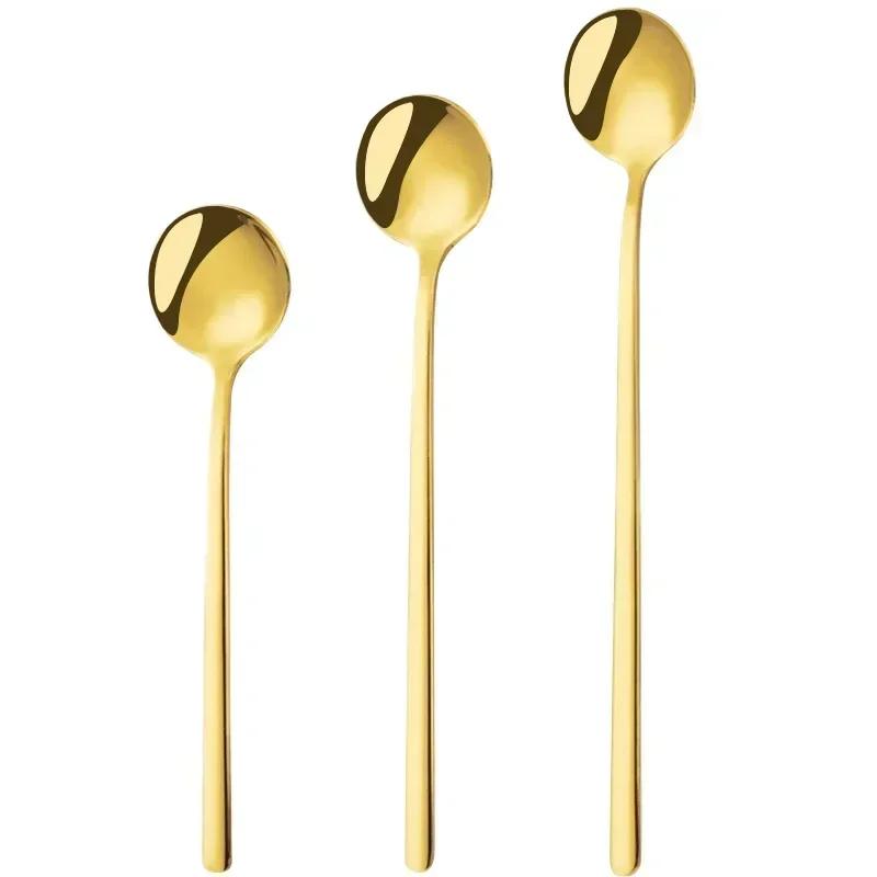Cute Long Handle Spoons Stainless Steel Golden Coffee Spoon Dessert Ice Cream Spoon Kitchen Food Tableware Dinner Set Wedding