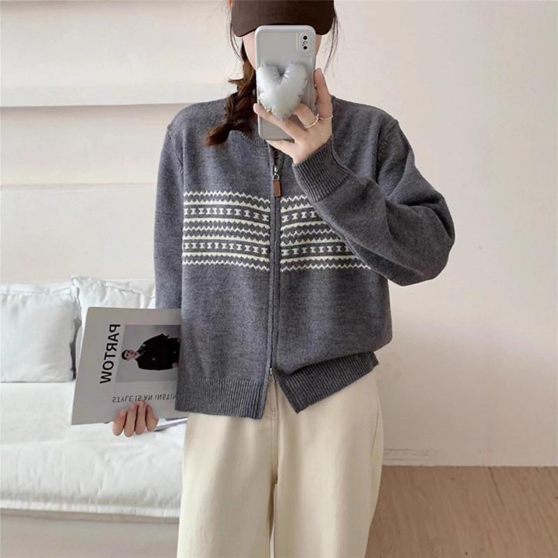 Autumn and Winter New Retro Zipper Loose Knitted Cardigan Top Lazy Style Casual Sweater Jacket Women