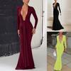 Autumn European Beautiful Women's Dress Solid Color Elegant Sexy Deep V Waist Streamer Fishtail Long Sleeve Dress Women