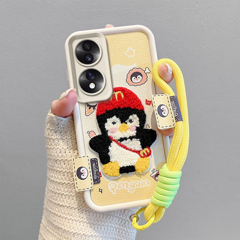 KEYSION Cartoon Cute Plush Embroidery Case for HONOR 70 5G with Lanyard Silicone Shockproof Phone Cover for Huawei Honor 70