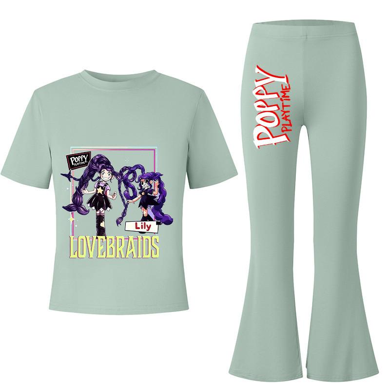 2pcs Kids Girls Lily Lovebraids Printed Casual Short Sleeves T-shirt Top Flared Trumpet Trousers Top Pants Sets