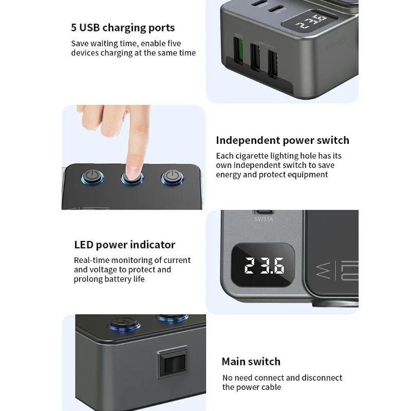 120W PD35W+QC3.0 Schnelllader 5 USB-Buchsen & 3x Zigarettenanzünder-Verteiler mit LED/Ein-Aus-Schaltern/LCD-Voltmeter Steckdose