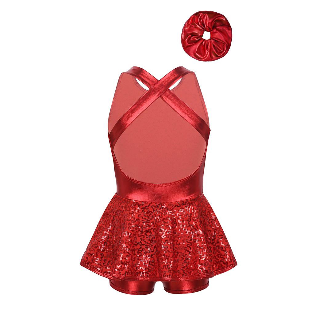 Barneshowdrakt med paljetter, kryssrygg, uten ermer, kjole med sløyfe, jazzdanskostyme med hårbånd