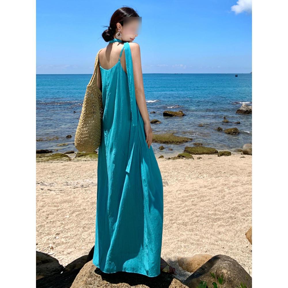 Lake blue suspender dress women's summer dopamine island wear Yunnan tourism seaside vacation beach long skirt