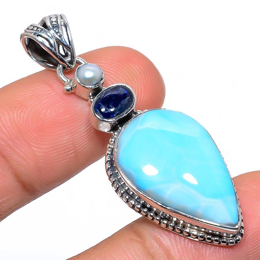 

Natural Republic Larimar, Kyanite 925 Solid Sterling Silver Pendant 1.89 t4U72