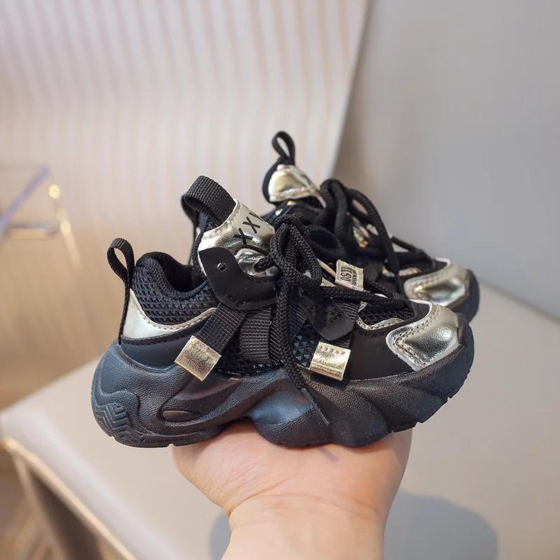 Kids Casual Sneakers with Cross Straps 2024 New Girls' Fashion Mesh Sports Shoes Boys' Versatile Running Shoes Wear-resistant