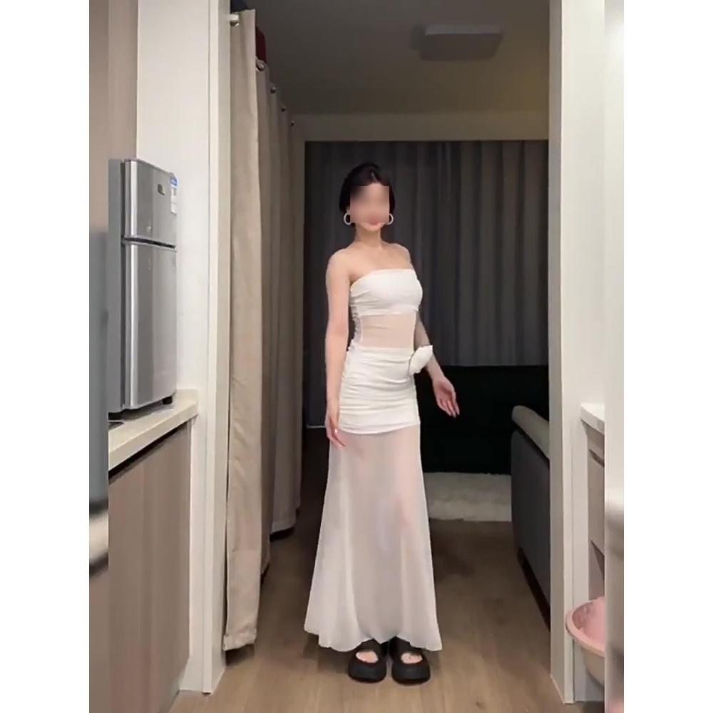 

Платье-топ-труба из белой сетки с ветреным характером, женское, весеннее, с темпераментом, с завышенной талией, для морского отдыха, облегающее бедра, длинная юбка XL- (recommended 110-60kg)