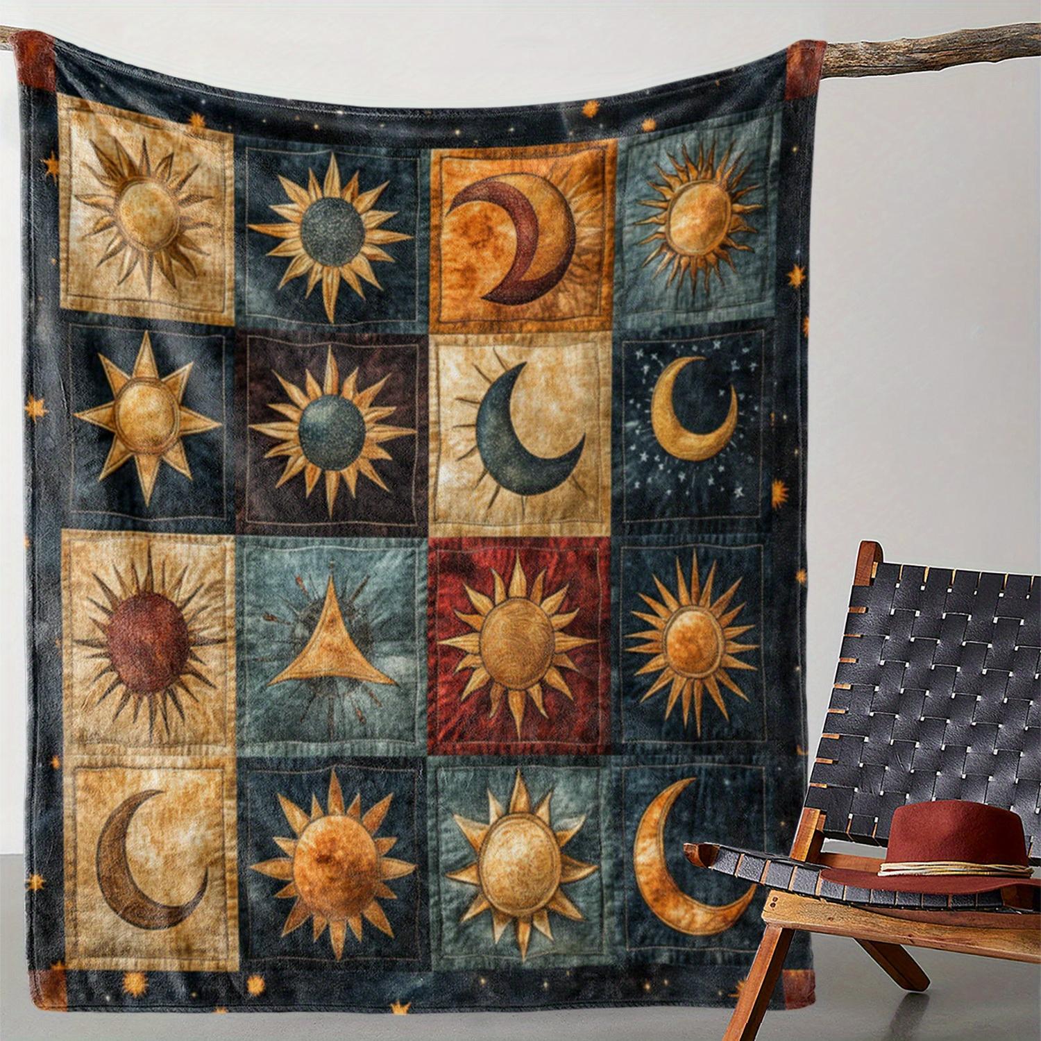 Textilien Unisex Coral Sun Moon Stars Flannel Throw Blanket - Ultra Soft & Warm, Versatile For Couch/Bed/Travel, Cozy All-Season Gift Idea