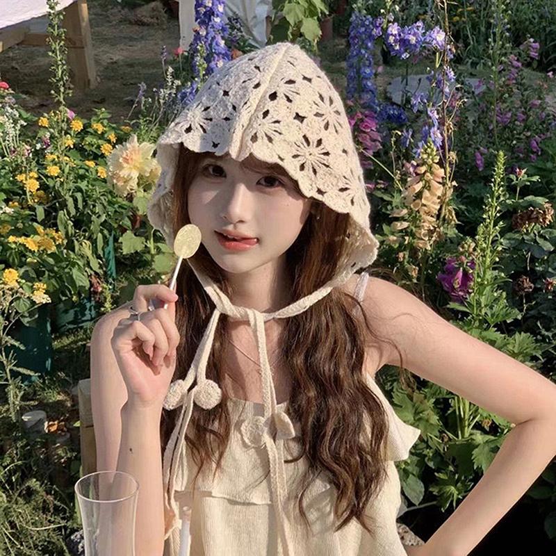 Boho Thin Hollow Handmade Crochet Hats For Women Girls Spring Summer Travel Versatile Beanies Cap Sweet Casual Turban Mesh Hat