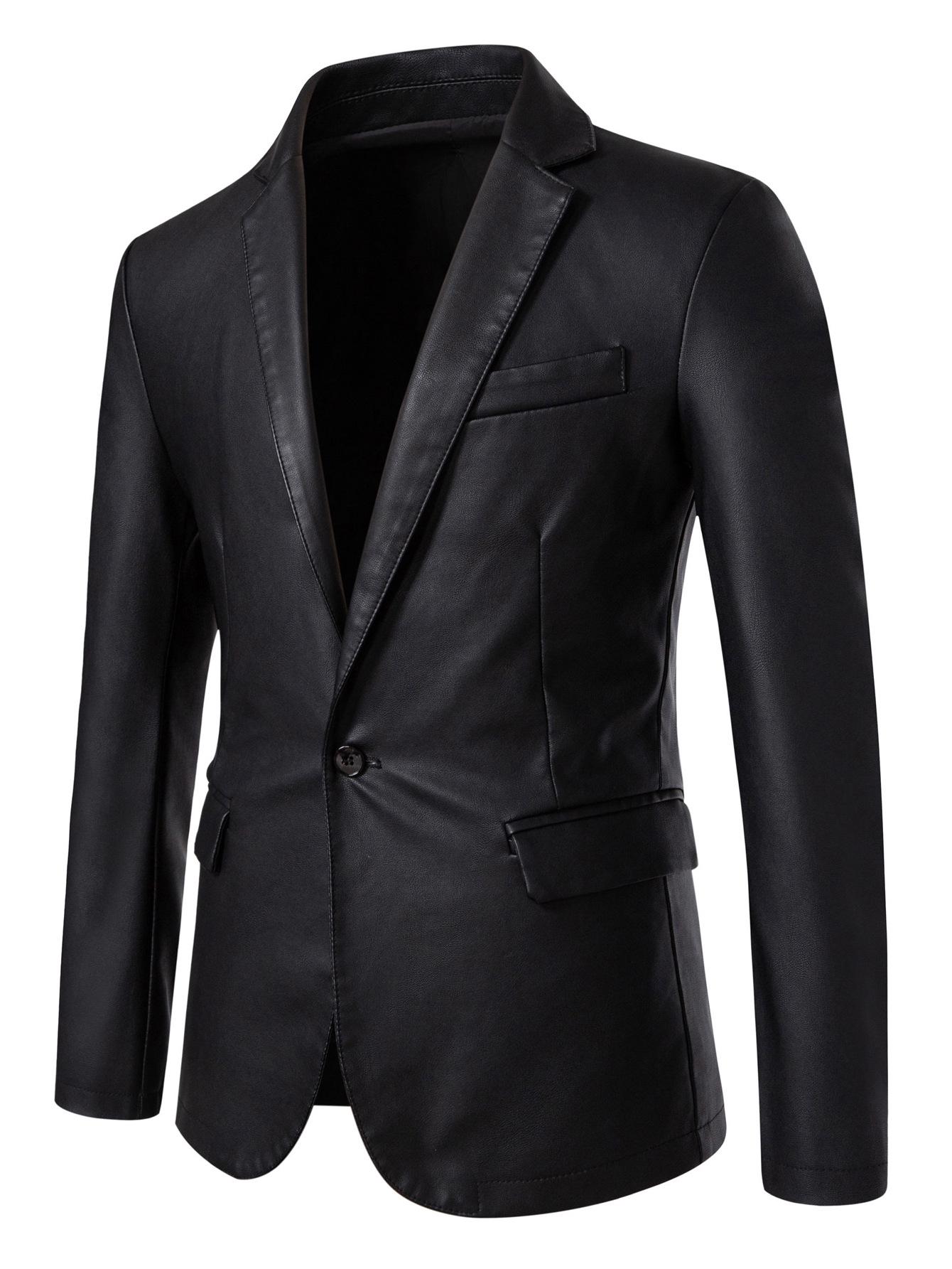 Men s Trendy Retro British Style PU Leather Jacket with Suit Collar L чёрный