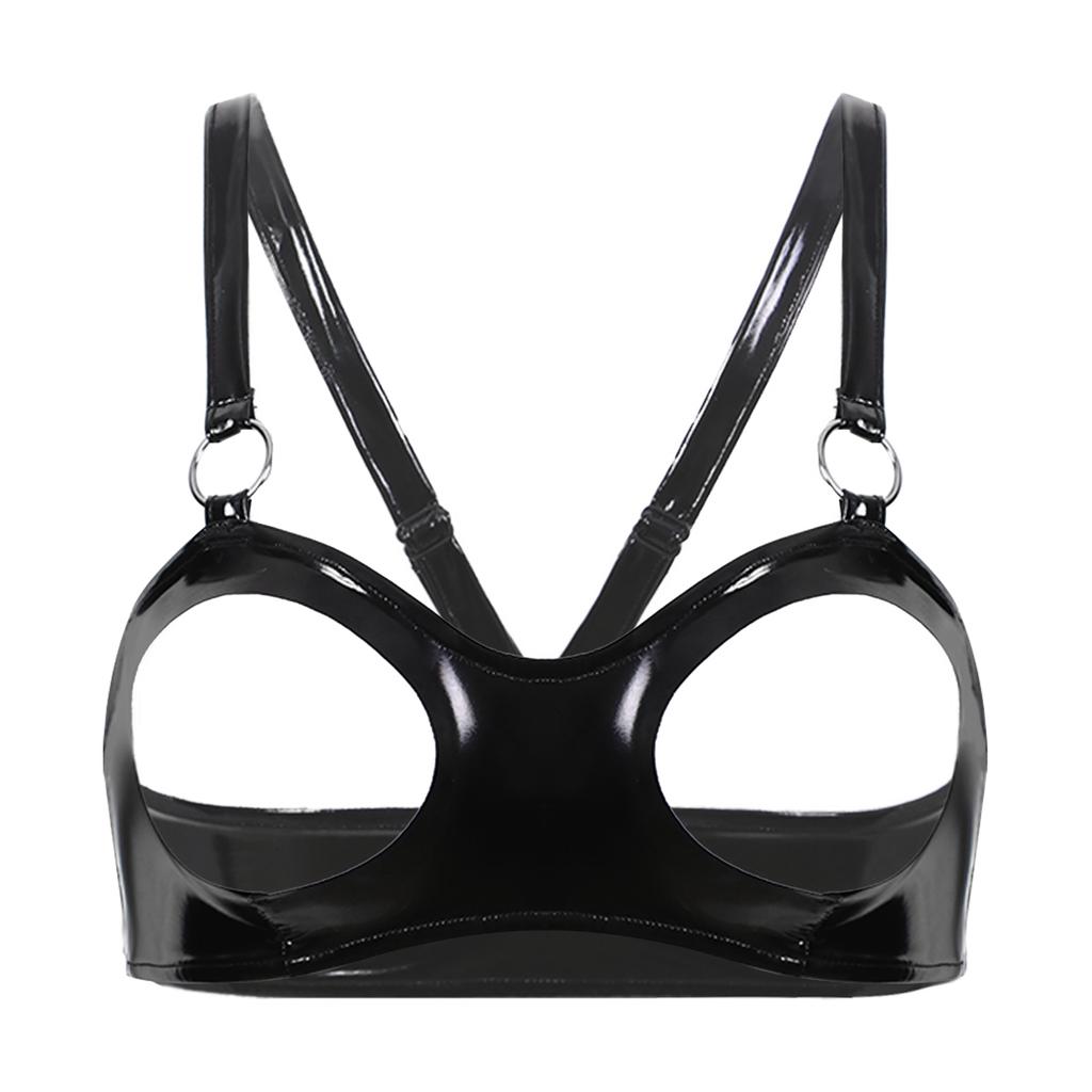 Soutien-gorge ouvert en cuir verni aspect mouillé pour femme Bretelles réglables avec anneau O Crop top Lingerie Sous-vêtements Hauts