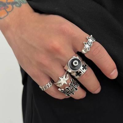 Ingemark 6 Pcs/Set Punk Hip Hop Irregular Star Cross Adjustable Rings Men Creative Silver Color Open Finger Rings Street Jewely