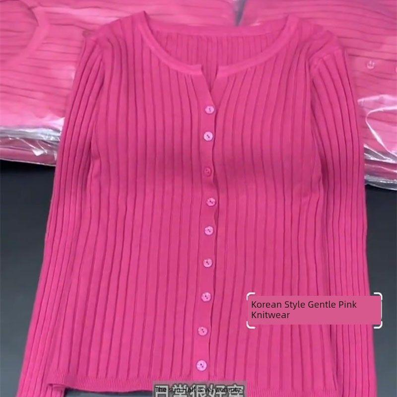 

Retro Crew Neck Raspberry Powder Long Sleeves Knitting Autumn Cardigan Raspberry Powder 2XL