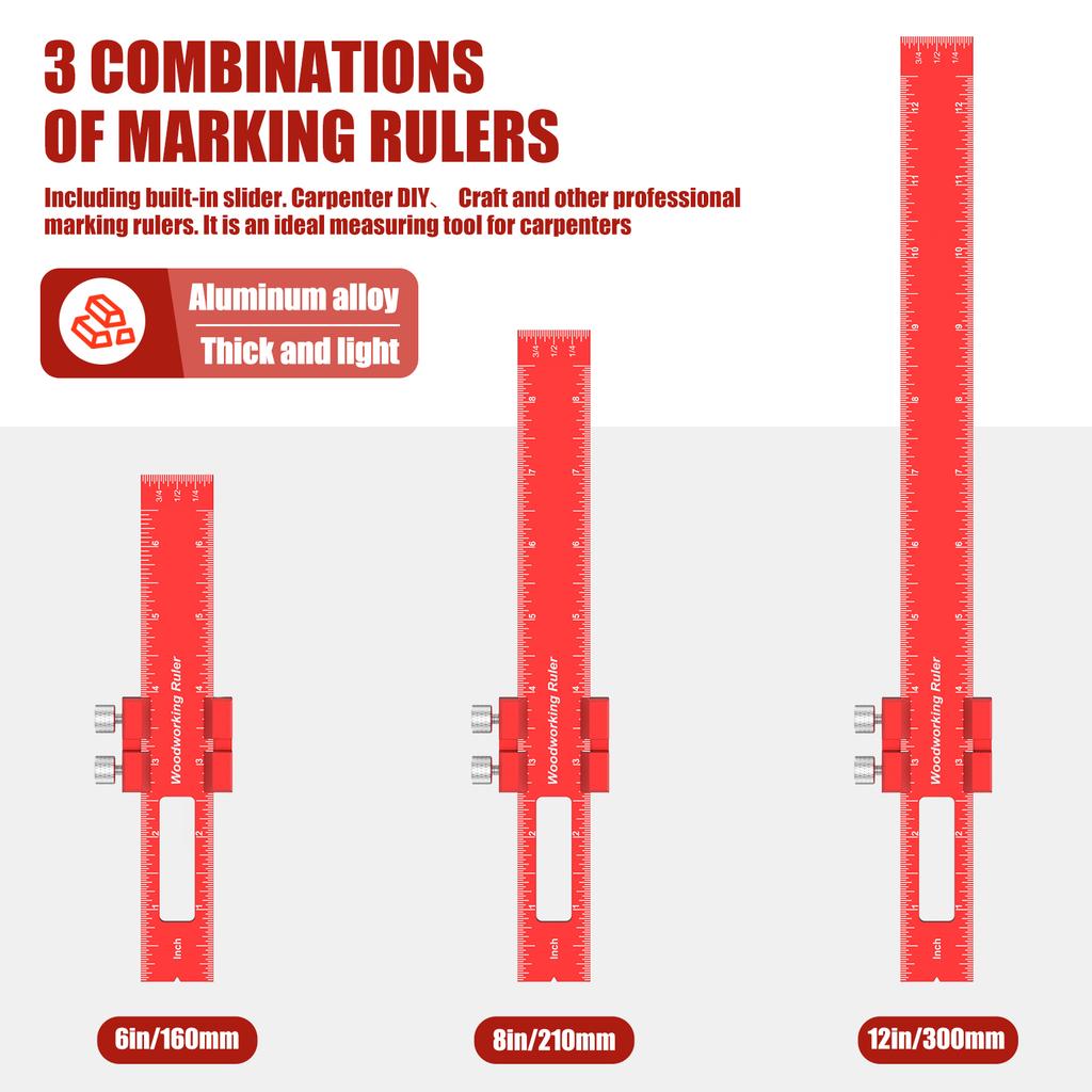 Precision T Type Pocket Ruler Inch Metric Measuring Tool with Slide Stop for Carpentry Marking 3Pcs Woodworking Scribing Ruler