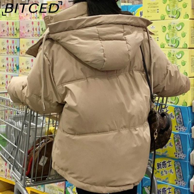 BITCED New Style Women's Winter Short-Length Hooded Puffer Jacket with Design-Forward Thickened Fleece Lining