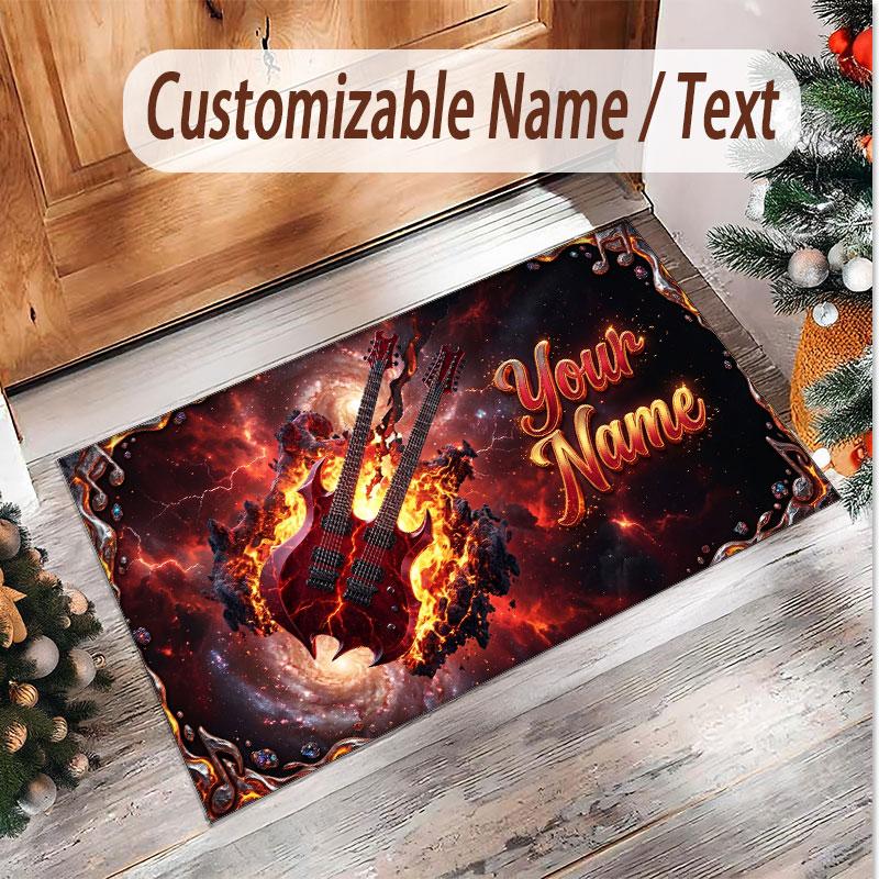Music Guitar Theme Soft Crystal Velvet Rug Custom Name & Text Print Non Slip Floor Rug for Bedroom Living Room
