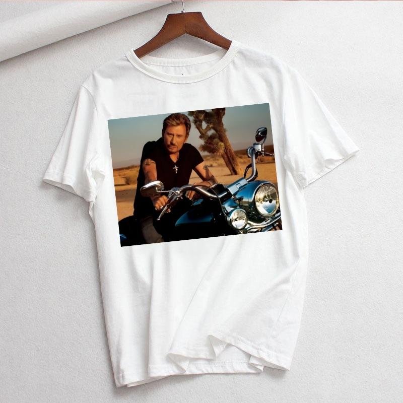 Johnny Hallyday Print T Shirt Women White and Black Shirts Fashion Round Neck Short Sleeve Cotton TShirt
