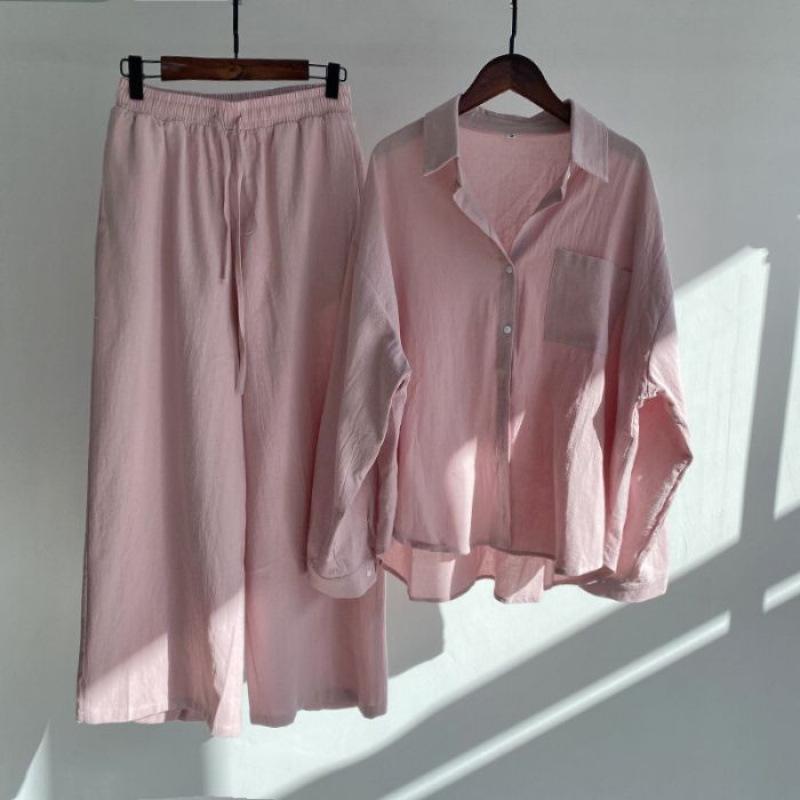 Spring Fashion Plus Size Women's Two-Piece Set: Cotton Linen Shirt & High-Waisted Loose Trousers