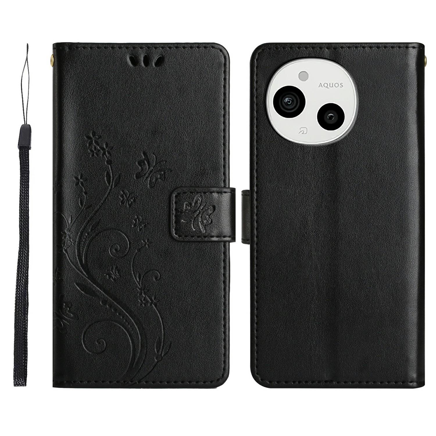 

For Sharp Aquos Sense 9 Case PU Leather Phone Wallet Cover with Strap Black