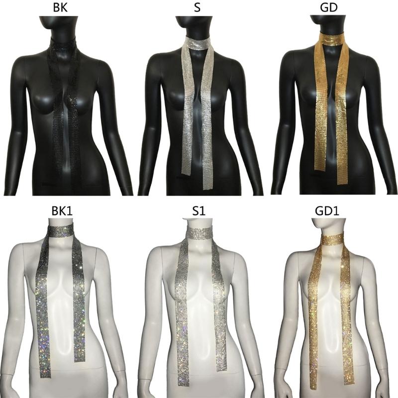 Women Glitter Sparkle-Metal Sequins Neck Tie Scarf Party Evening Long Thin Skinny Tie Shawls Neckerchief Necklace-Decor