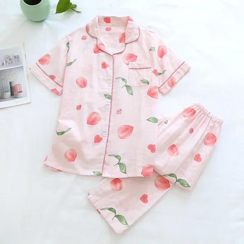 New Spring and Summer Pajamas Two-piece 100% Cotton Gauze Women's Short-sleeved Trousers Home Service Suit Cute and Thin
