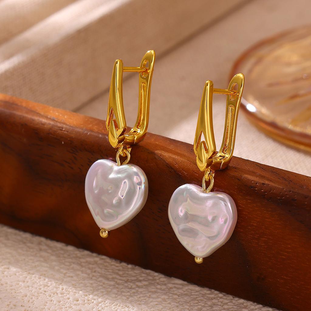 Gold Color Pearl & Heart Drop Earrings For Women Irregular Textured Huggie Hoop Earring Waterproof Elegant Jewelry Party Gifts
