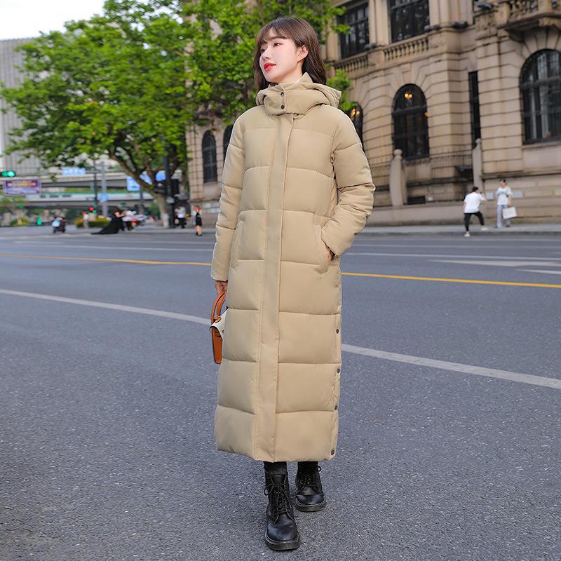 Women's Long Hooded Over-the-Knee Down Jacket - Thick, Warm, Slim Fit Winter Coat, Solid Color, Trendy Casual Style