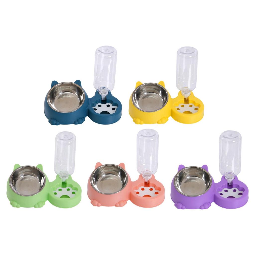 Tilted Cat Bowl with Automatic Water Bottle, Unique Dog Bowl with Automatic