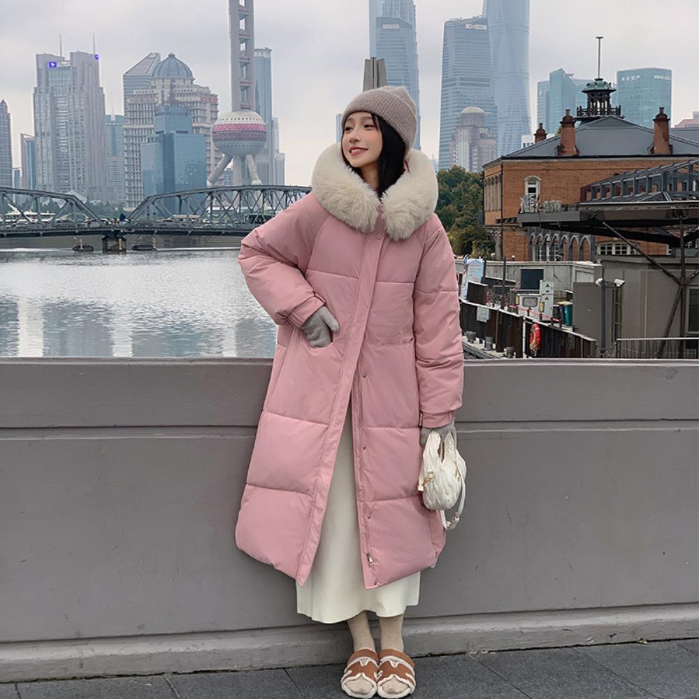 New winter down cotton clothes women's medium and long knee-length thickened slim-fitting big fur collar hooded jacket