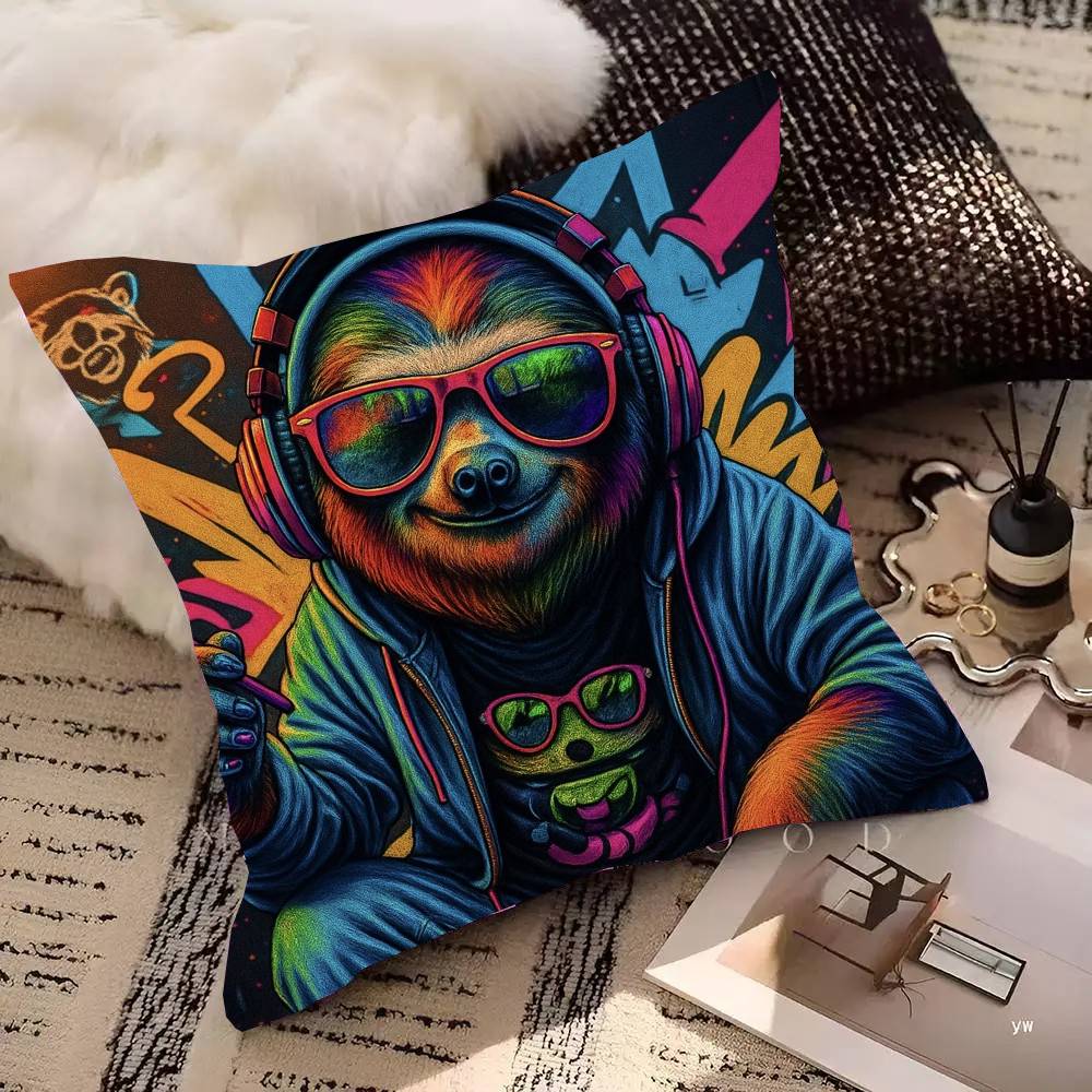 Funny Sloth DJ Pillow Case Fashion Square Pillowcase Bedroom Sofa Room Ins Decoration Leisure
