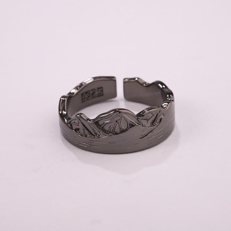 Adjustable Unisex Vintage Oxidized Copper Silver-Plated Geometric Ring With Hand-Carved Leshan Motif