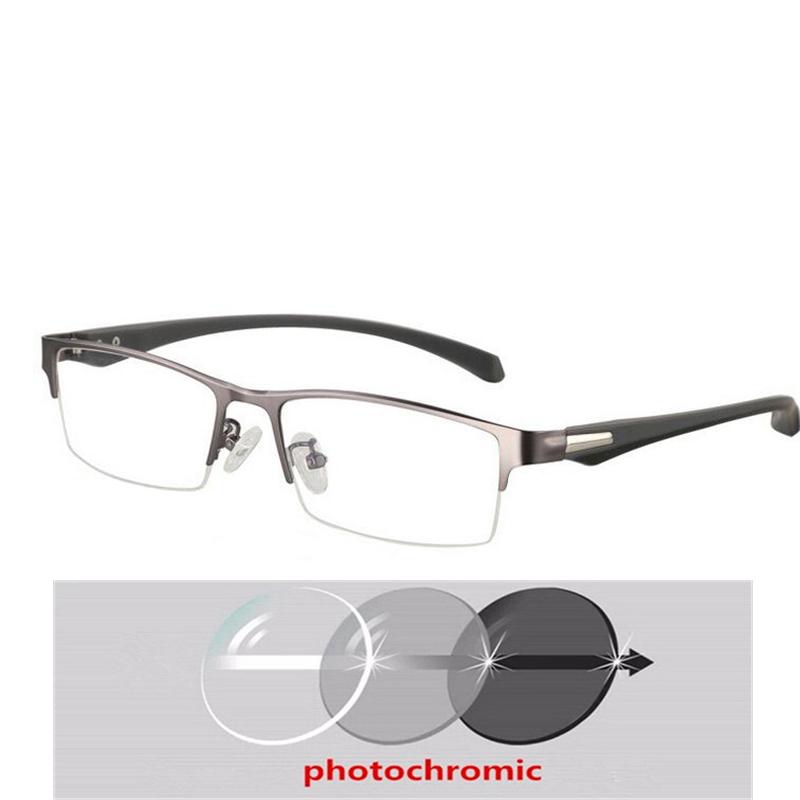 Half Rim Chameleon Myopia Glasses Men Vintage Semi-Rimless Square Photochromic Prescription Spectacle Male -0.5 -0.75 To -6.0