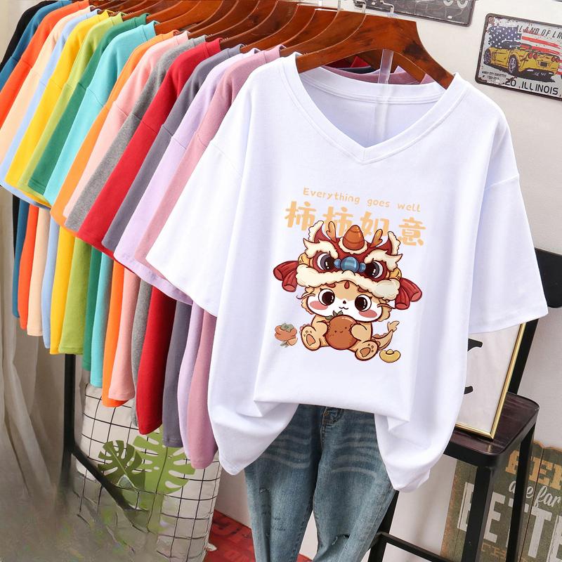 

Short-sleeved T-shirt for Women, Large Size, Loose and Slimming, Printed V-neck Top S білий