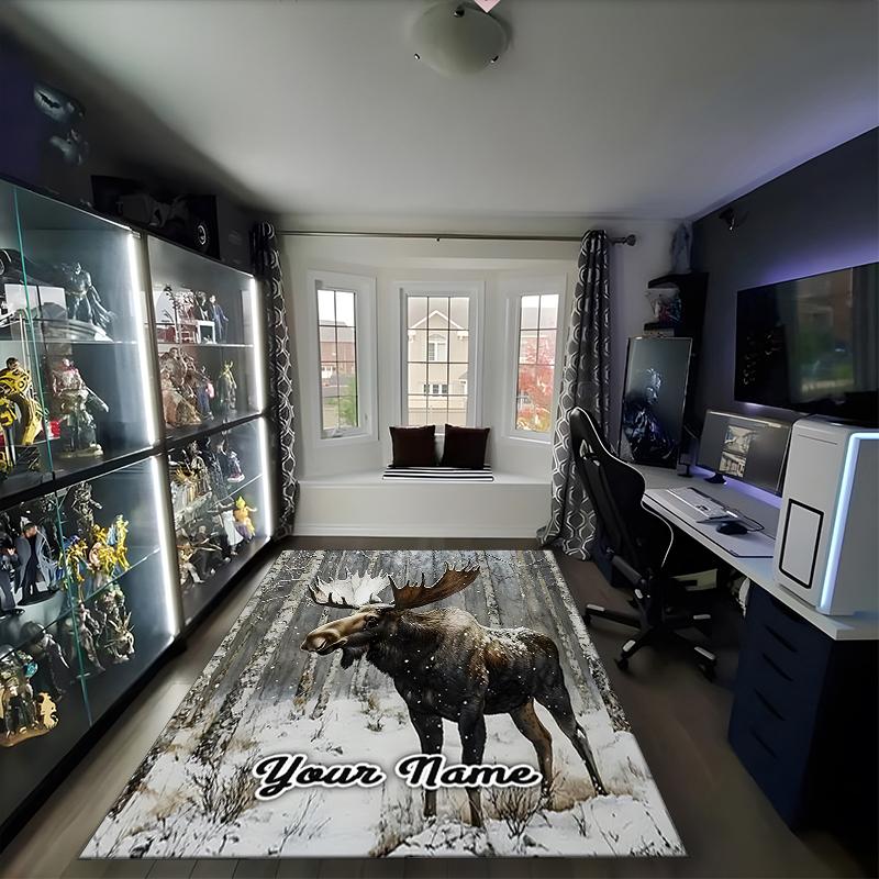 1PC Custom Name Moose Winter Forest Theme Floor Mat Ideal for Living Room, Game Rooms, Office, Bedroom,Floor Mat Playful Design