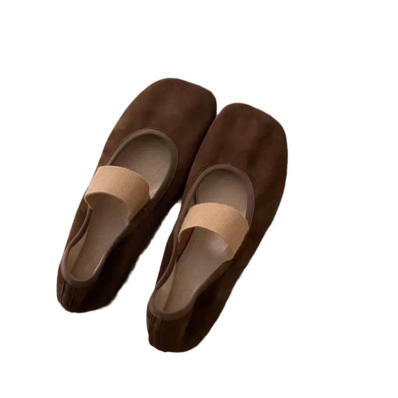 Leather retro niche suede square head shallow mouth comfortable flat ballet shoes with Mary Jane single shoes women's shoes