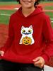 Neues Trendiges Kapuzensweatshirt für Jungen und Mädchen – Funky Cartoon-Katze umarmt Kürbis-Print – Perfekt für Halloween-Cosplay